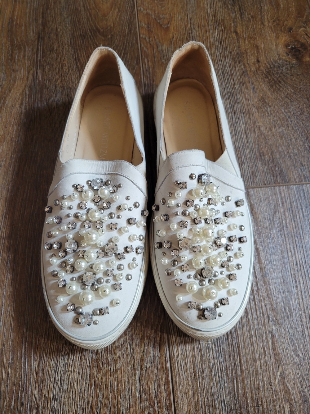 Stuart Weitzman Pearl & Crystal Embellished Slip-On Sneakers - White